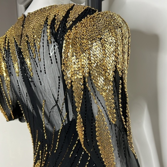 Nite Line Sz 10 Black Silk Gold Bugle Beaded Full Length Side Slit Dress Gown - Picture 6 of 16